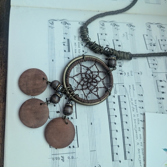 Bohemian Dreamcatcher Necklace in Brown and Silver - Picture 2 of 12